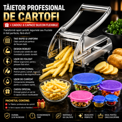 Tăietor Profesional de Cartofi Cartofi Pai Perfecți în Câteva Secunde + Set CADOU 6 Capace Silicon
