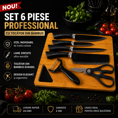 Set Cuțite Profesional 6 Piese cu Tocător din Bambus
