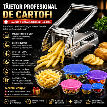 Tăietor Profesional de Cartofi  Cartofi Pai Perfecți în Câteva Secunde + Set CADOU 6 Capace Silicon