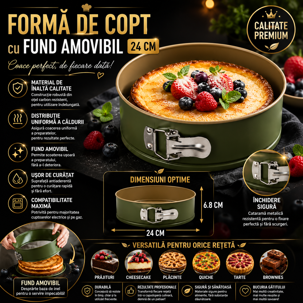 Formă de Copt Premium 24 cm cu Fund Amovibil – Tavă Rotundă Antiaderentă pentru Cheesecake, Tarte și Prăjituri