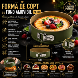 Formă de Copt Premium 24 cm cu Fund Amovibil – Tavă Rotundă Antiaderentă pentru Cheesecake, Tarte și Prăjituri