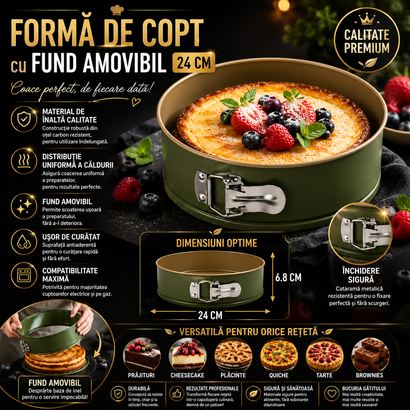 Formă de Copt Premium 24 cm cu Fund Amovibil – Tavă Rotundă Antiaderentă pentru Cheesecake, Tarte și Prăjituri
