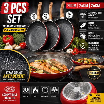 Set tigăi din aluminiu – 3 piese (20 cm, 24 cm, 26 cm)
