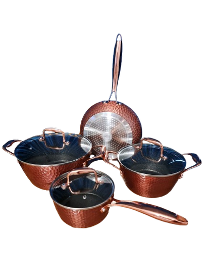 Set Bucătărie 7 Piese Bronz – Oale și Tigaie Antiaderente, Sustenabile + Set de Cuțite de Masă Cadou