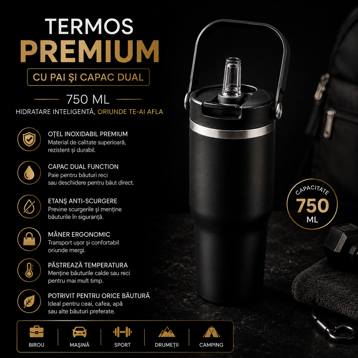 Termos Premium cu Pai și Capac Dual 750 ml Hidratare Inteligentă în Fiecare Zi