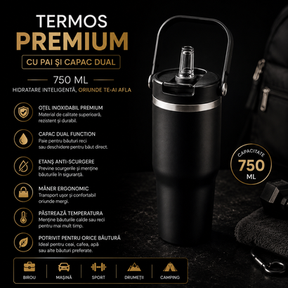 Termos Premium cu Pai și Capac Dual 750 ml Hidratare Inteligentă în Fiecare Zi