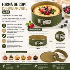 Formă de Copt Premium 24 cm cu Fund Amovibil – Tavă Rotundă Antiaderentă pentru Cheesecake, Tarte și Prăjituri