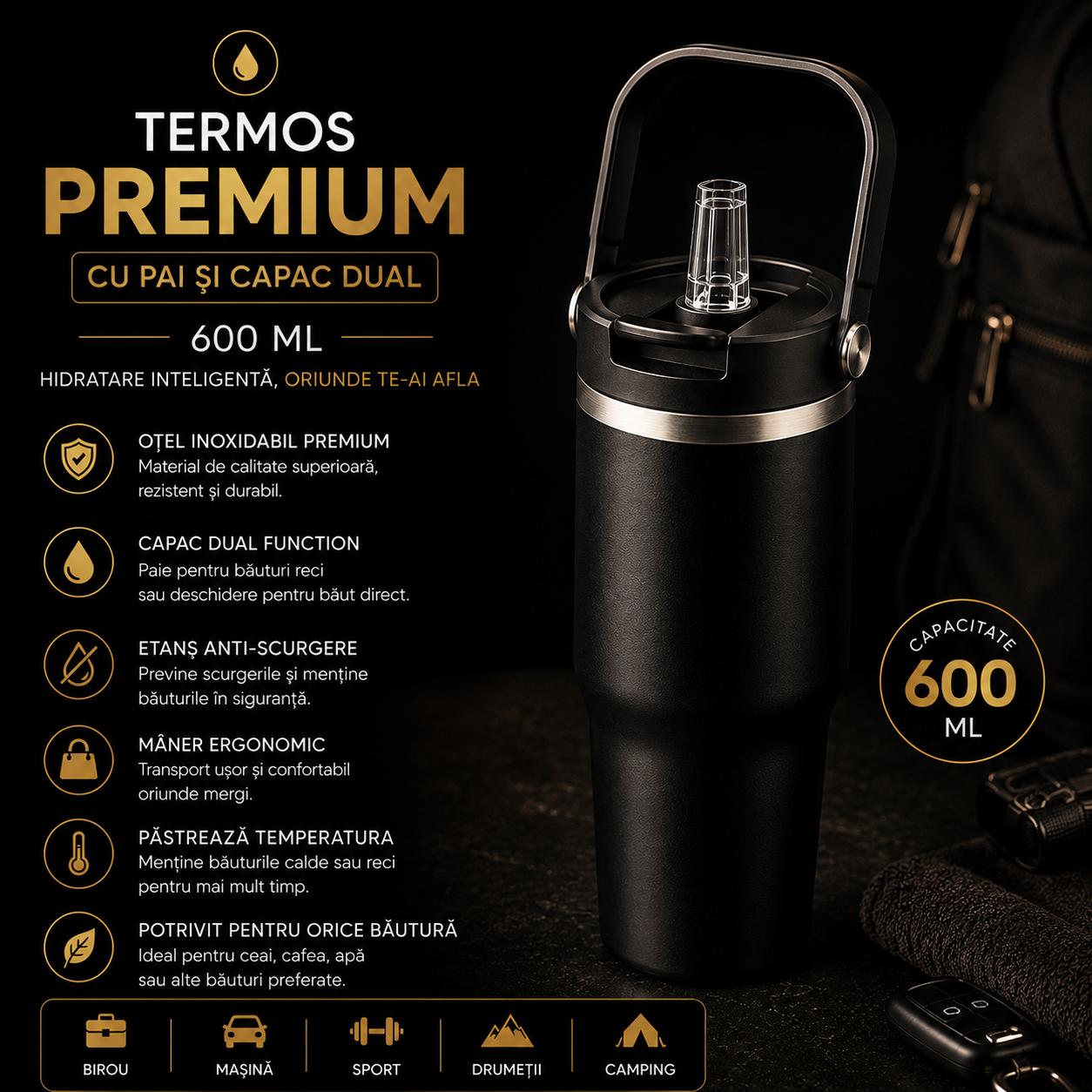 Termos Premium 600 ML cu Pai și Capac Dual, Oțel Inoxidabil, Anti-Scurgere, Mâner Ergonomic
