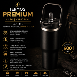 Termos Premium 600 ML cu Pai și Capac Dual, Oțel Inoxidabil, Anti-Scurgere, Mâner Ergonomic