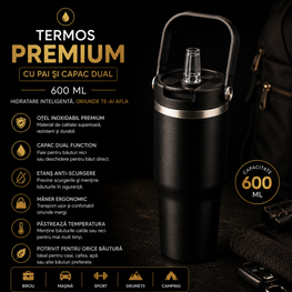 Termos Premium 600 ML cu Pai și Capac Dual, Oțel Inoxidabil, Anti-Scurgere, Mâner Ergonomic