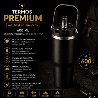 Termos Premium 600 ML cu Pai și Capac Dual, Oțel Inoxidabil, Anti-Scurgere, Mâner Ergonomic