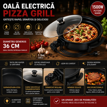 Oală Electrică Pizza Grill 36 cm, 1500W, Termostat Reglabil, Capac din Sticlă