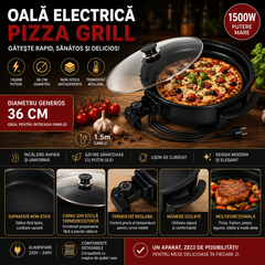 Oală Electrică Pizza Grill 36 cm, 1500W, Termostat Reglabil, Capac din Sticlă