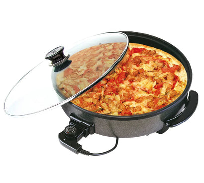 Oală Electrică Pizza Grill 36 cm, 1500W, Termostat Reglabil, Capac din Sticlă